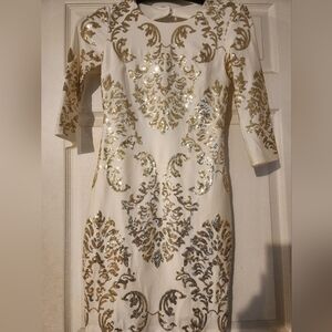 Women's dress B Darlin size 3/4 tight stretchy fabric, white with gold sequins.